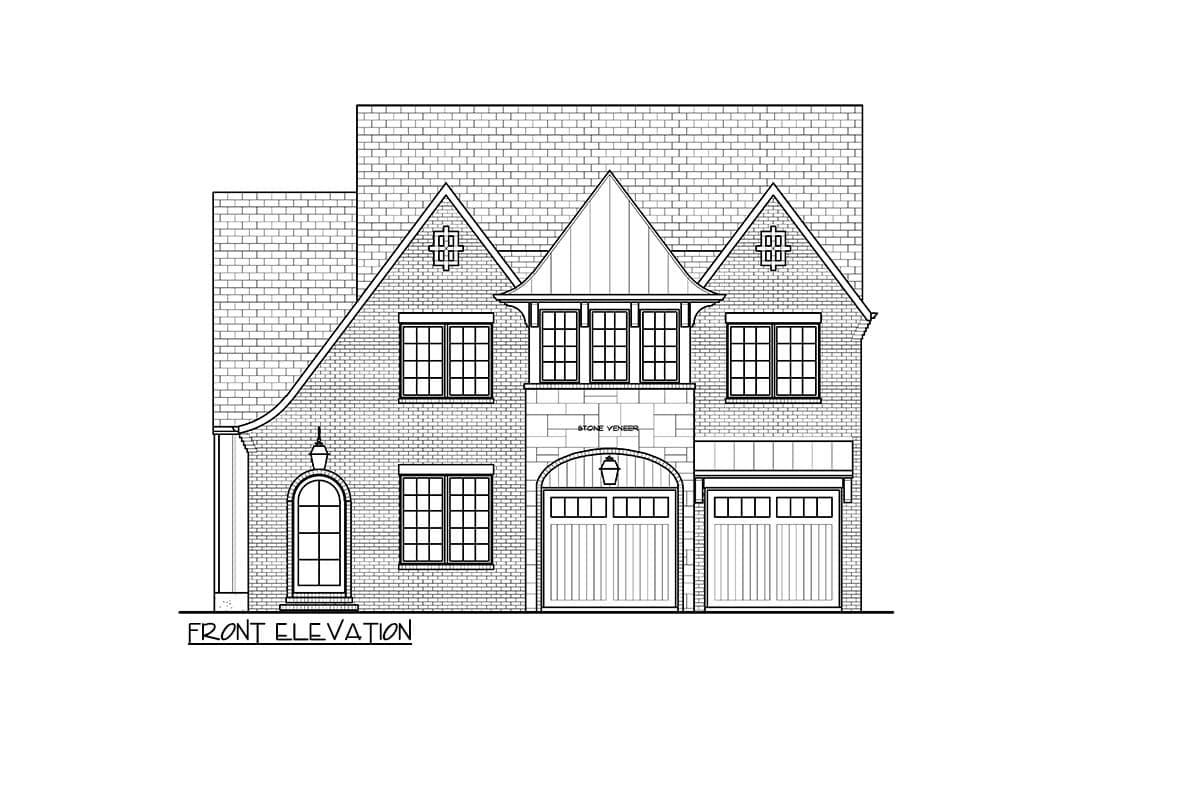 Front elevation sketch of a two-story brick house with a steeply pitched roof, gables, and a stone veneer detail.
