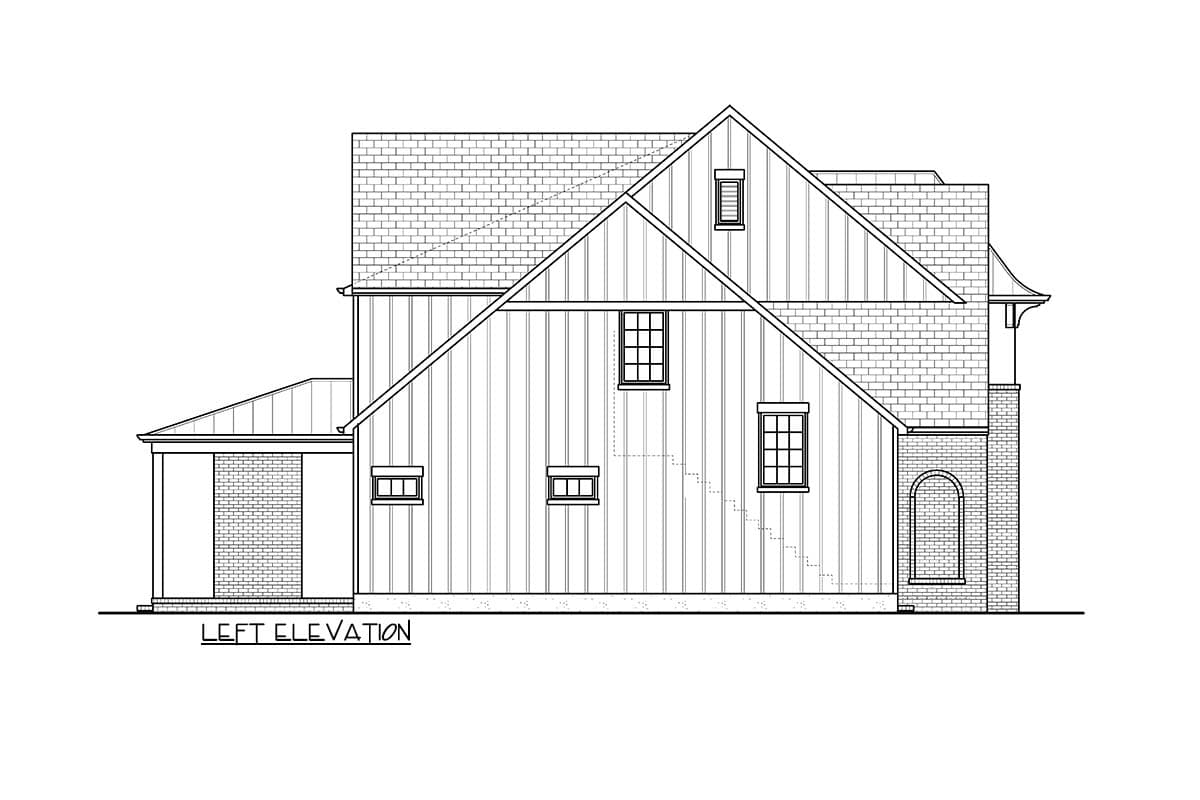 Architectural drawing of a house's left elevation, featuring a brick base, gabled roof, and multiple windows.