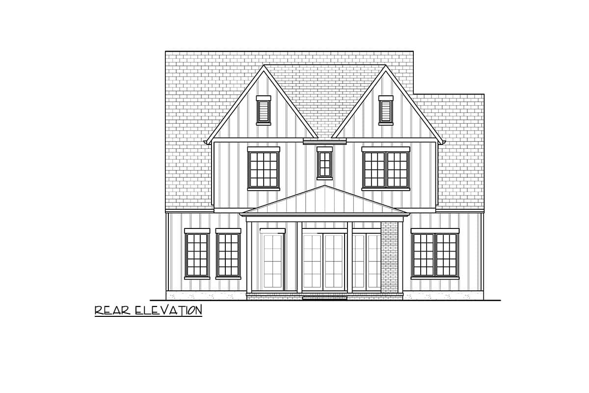 Rear elevation of a two-story house architectural plan, featuring multiple windows, gabled roof, and covered porch.