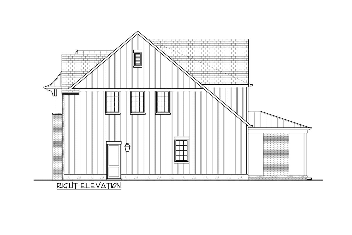 Architectural drawing of a house, right elevation. Features a brick chimney, siding, windows, and a gabled roof.