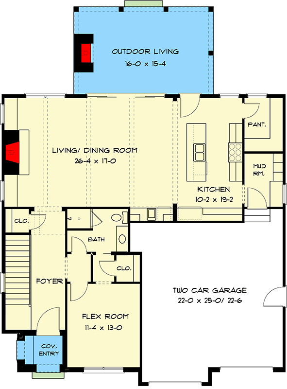 Plan 93229EL: 2751 Sq Ft Modern Tudor House Plan with Flex Room and Bonus - Floor Plan - Main Level - European, French Country, New American, Tudor