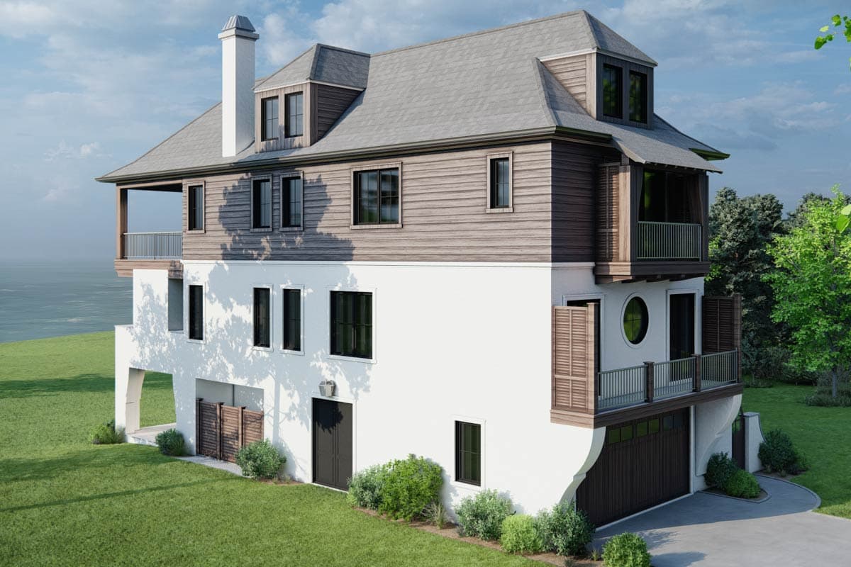 House plan exterior shows a three-story modern home with a white stucco base, wood siding upper levels, balconies, and a prominent chimney.