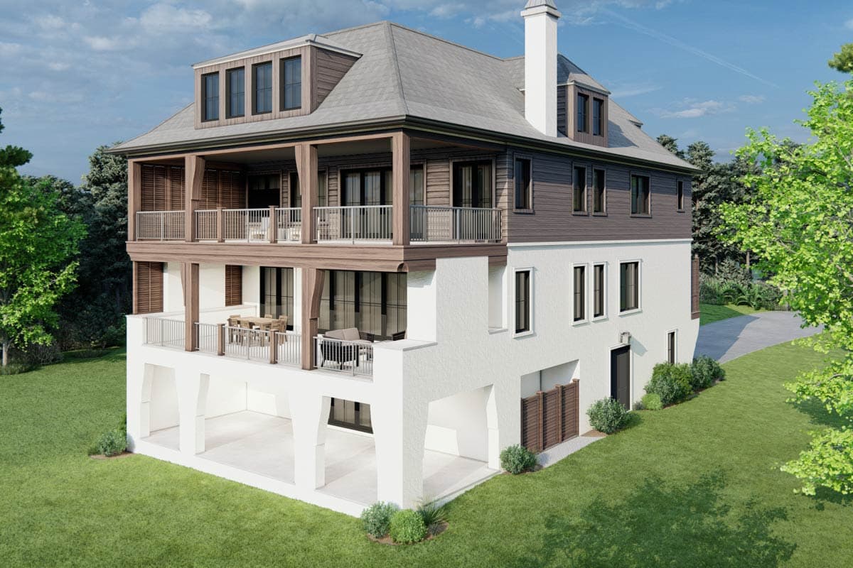 House plan exterior, three stories, with multiple balconies, wood siding, white stucco, and dormers.