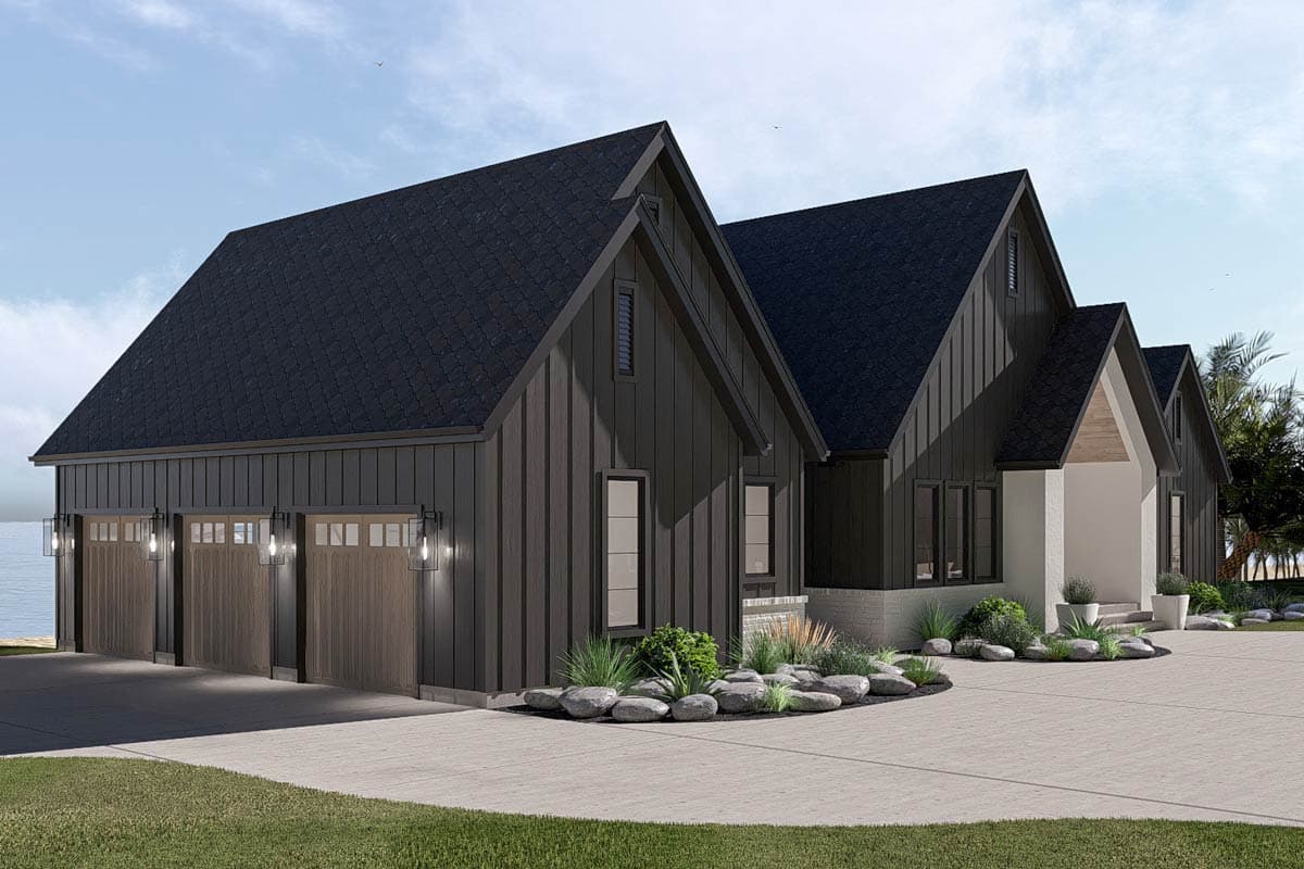 Modern Farmhouse house plan exterior with vertical siding, three-car garage, and multiple gables.