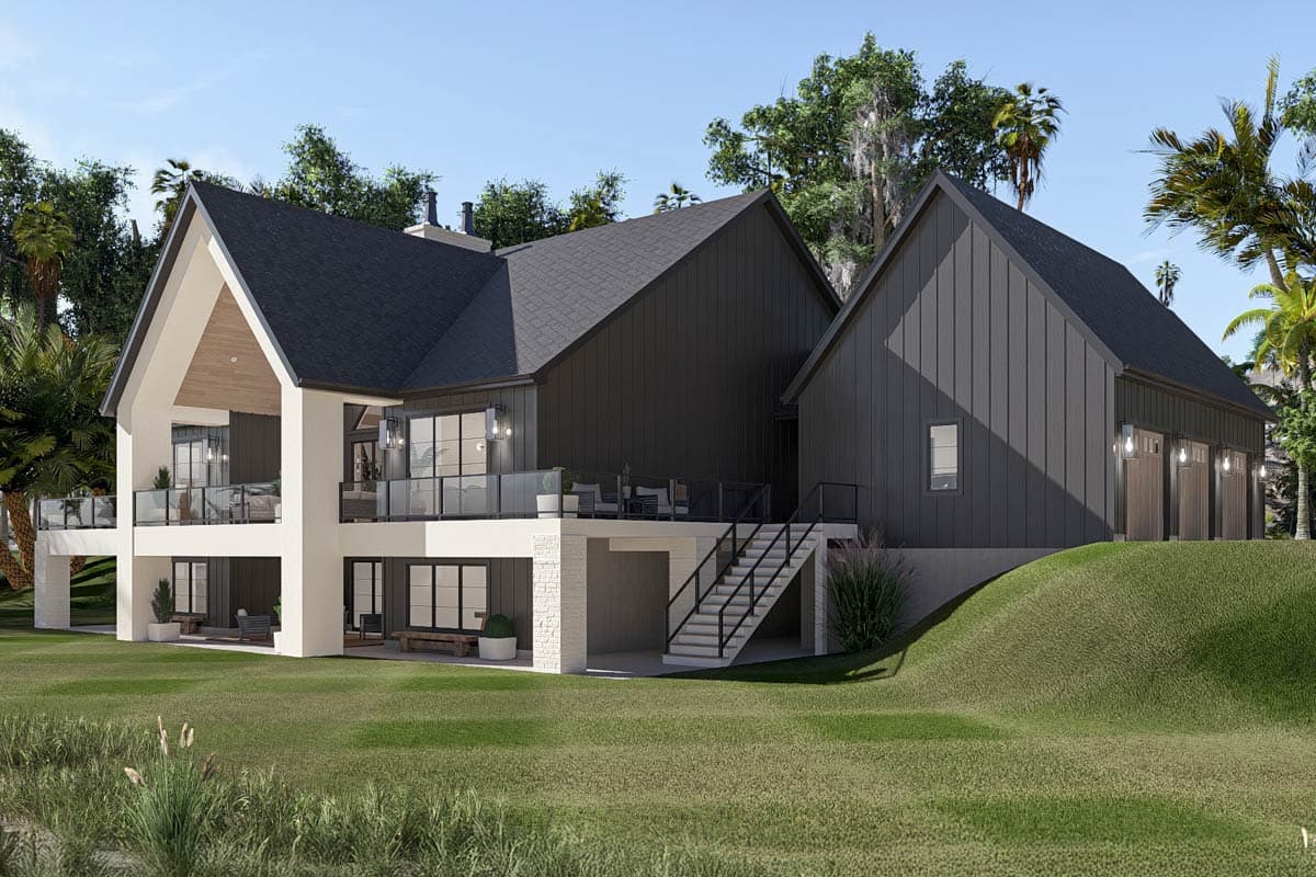 Modern house plan exterior with gabled roofs, large windows, balconies, and a three-car garage.