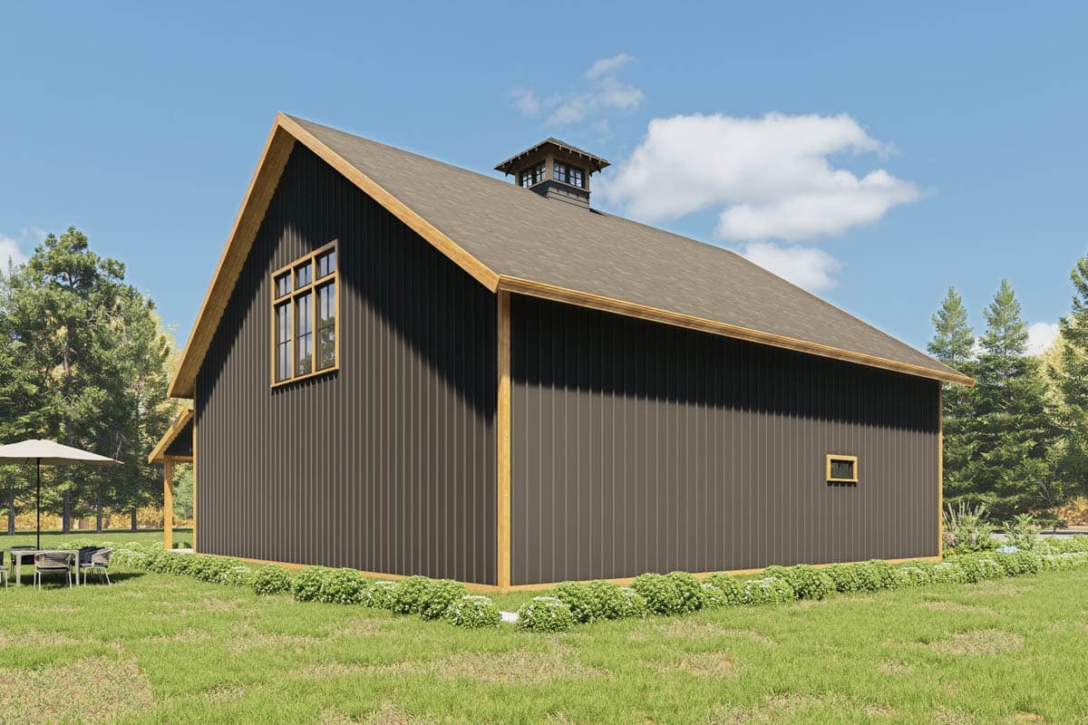 House plan exterior, modern farmhouse style, dark vertical siding, prominent gable roof, and a cupola.