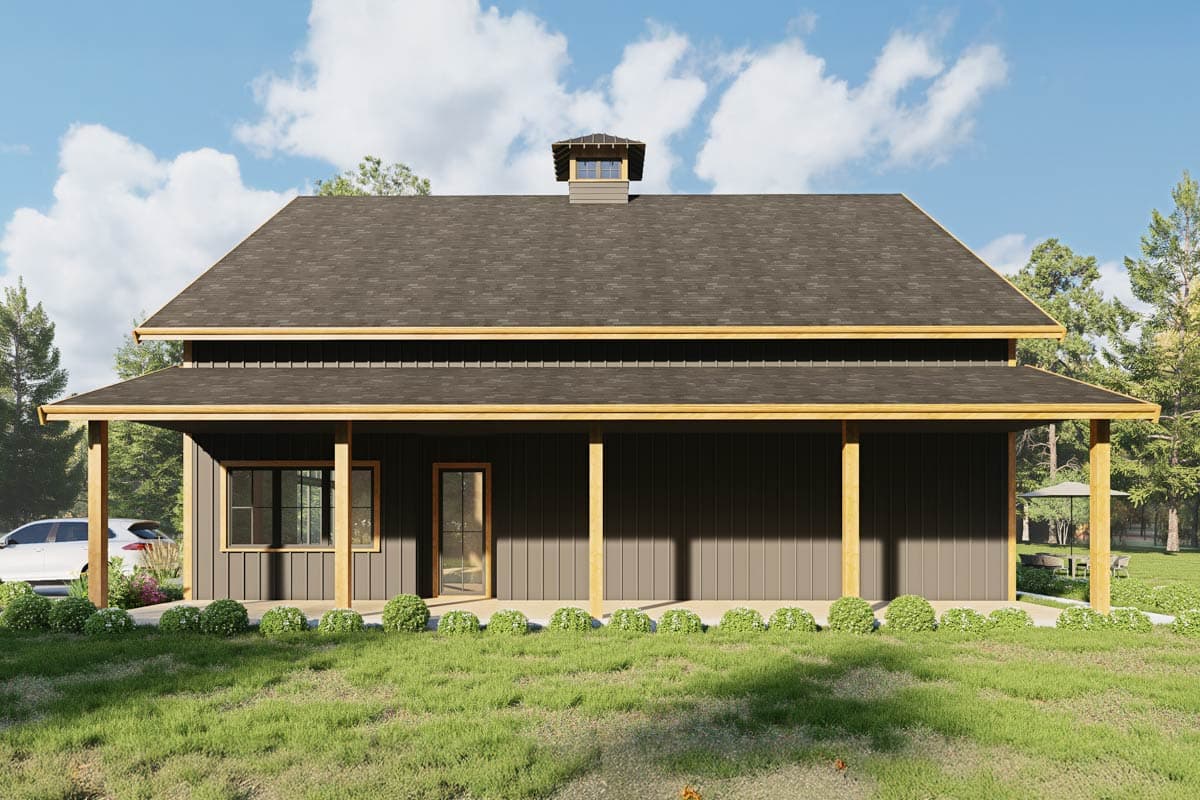 House plan exterior: Ranch style, single story, full-width porch with wooden posts, cupola on roof.