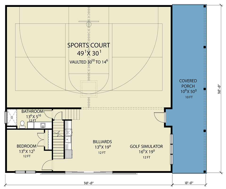 Plan 280248JWD: Modern Barndominium Plan with Indoor Sports Court and Vaulted Loft - Floor Plan - Main Level - Barndominium
