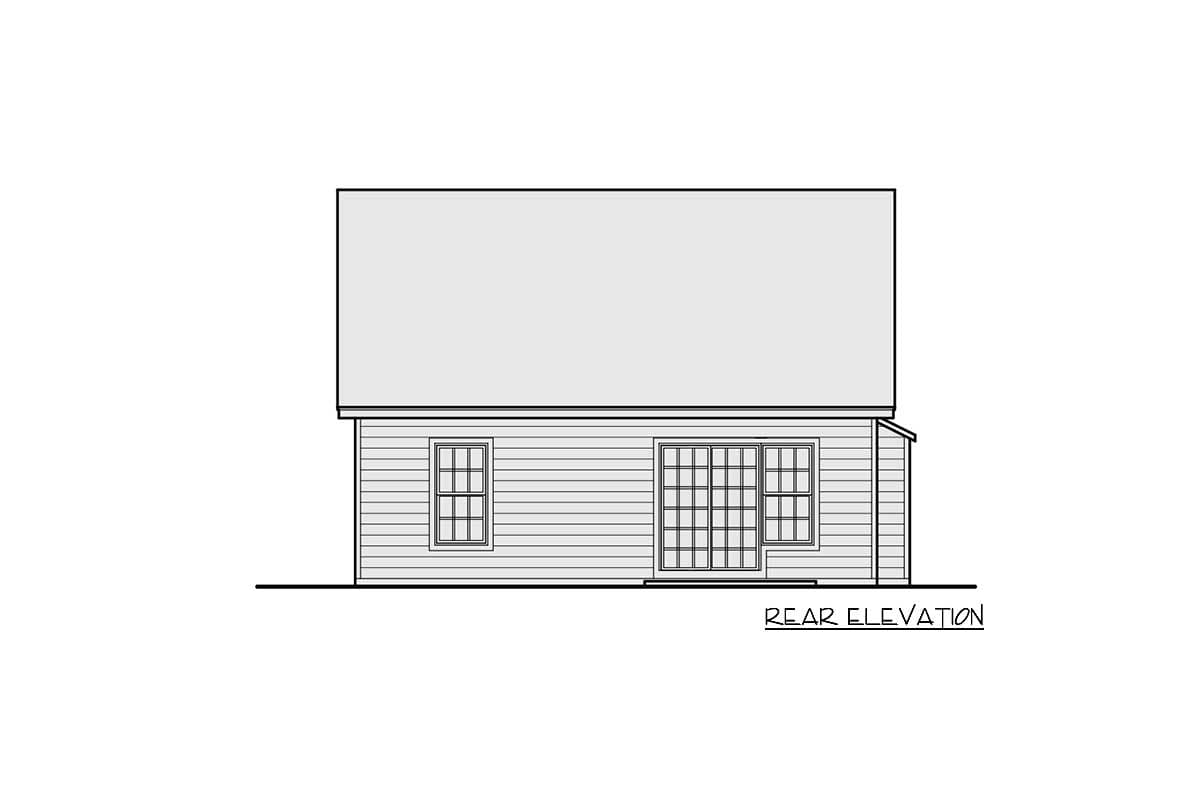 Rear elevation drawing of a house plan featuring horizontal siding, a large sliding glass door, and two windows.