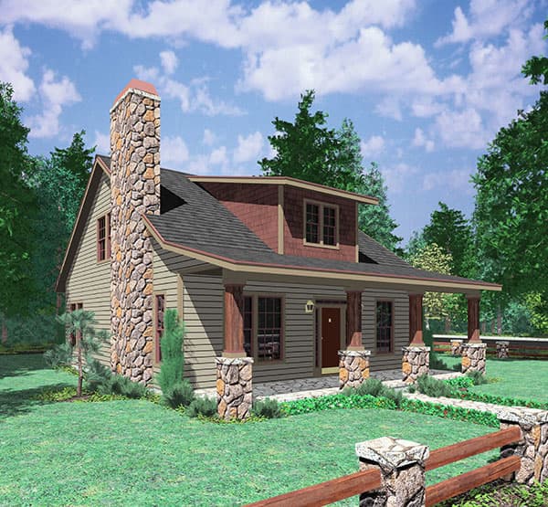 House plan exterior: Two-story home with a prominent stone chimney, covered porch supported by stone and wood columns, and dormer window.