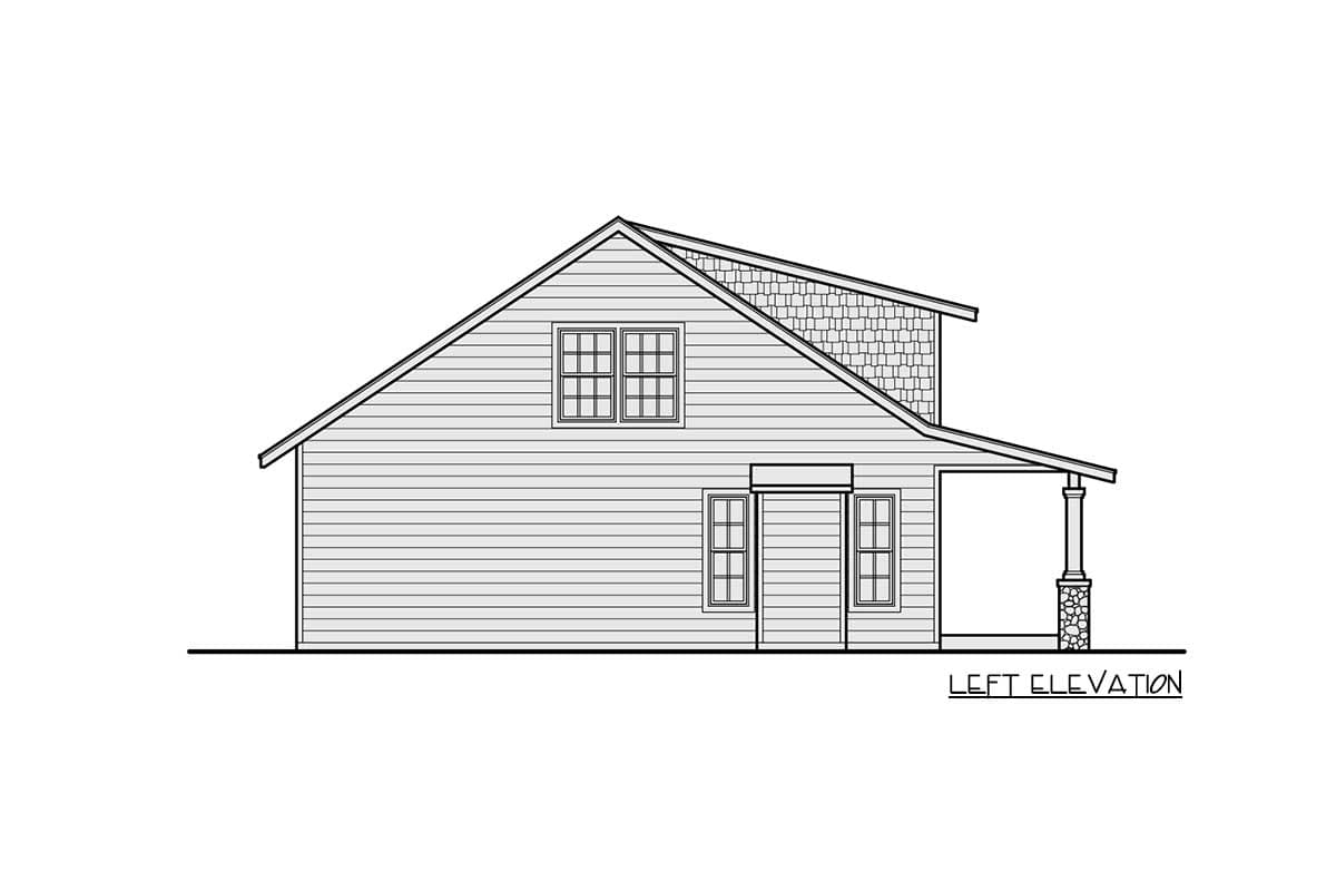 Left elevation house plan showing a multi-story structure with a gabled roof, varied siding, and a covered porch with a stone pillar.