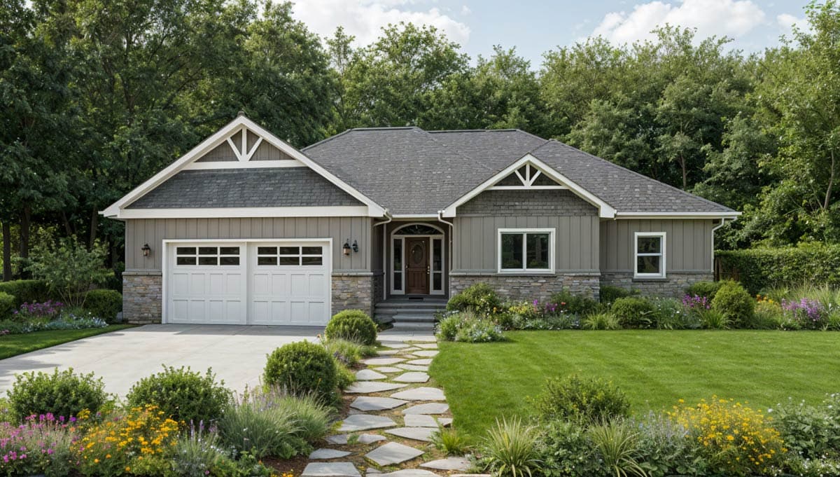 House plan exterior. One-story house with Craftsman details. Features include a front-facing gable, stone accents, and a two-car garage.
