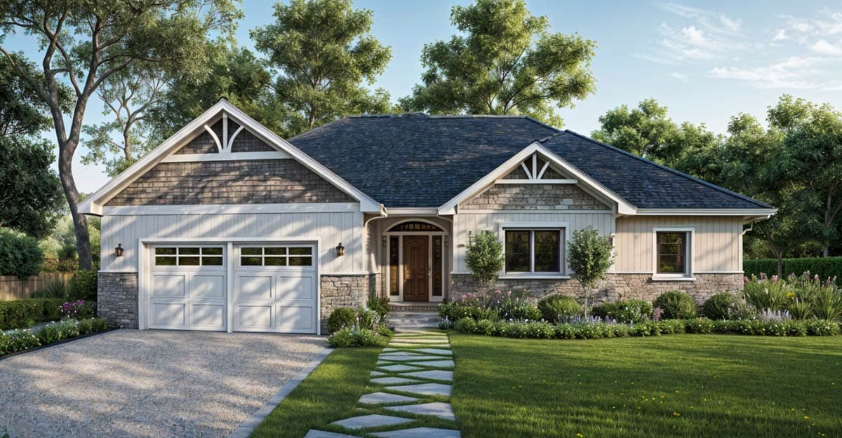 Craftsman style house plan exterior with gabled dormers, stone and wood siding, and a two-car garage.