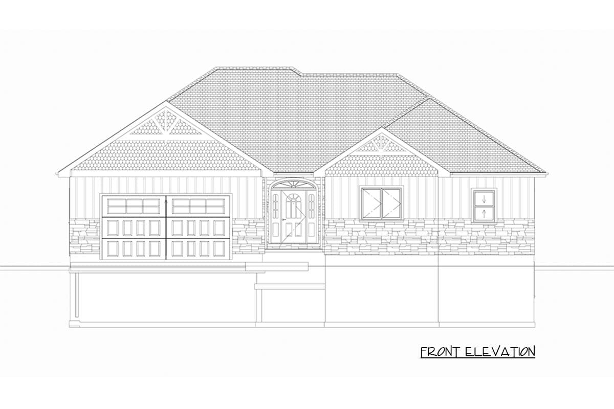 Front elevation drawing of a single-story house with a multi-pane garage door, stone accents, and decorative gables.