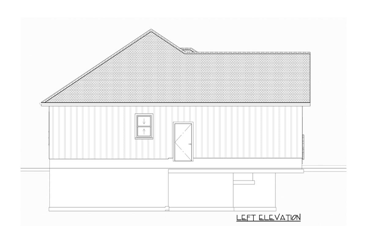 Left elevation house plan drawing showing a single-story structure with vertical siding, one window, and one door.