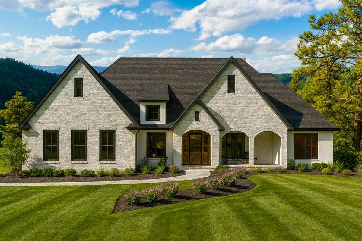 House plan exterior. Two-story, European-style home with gabled roof, arched entry, and dormer windows. Features a stone facade and dark trim.