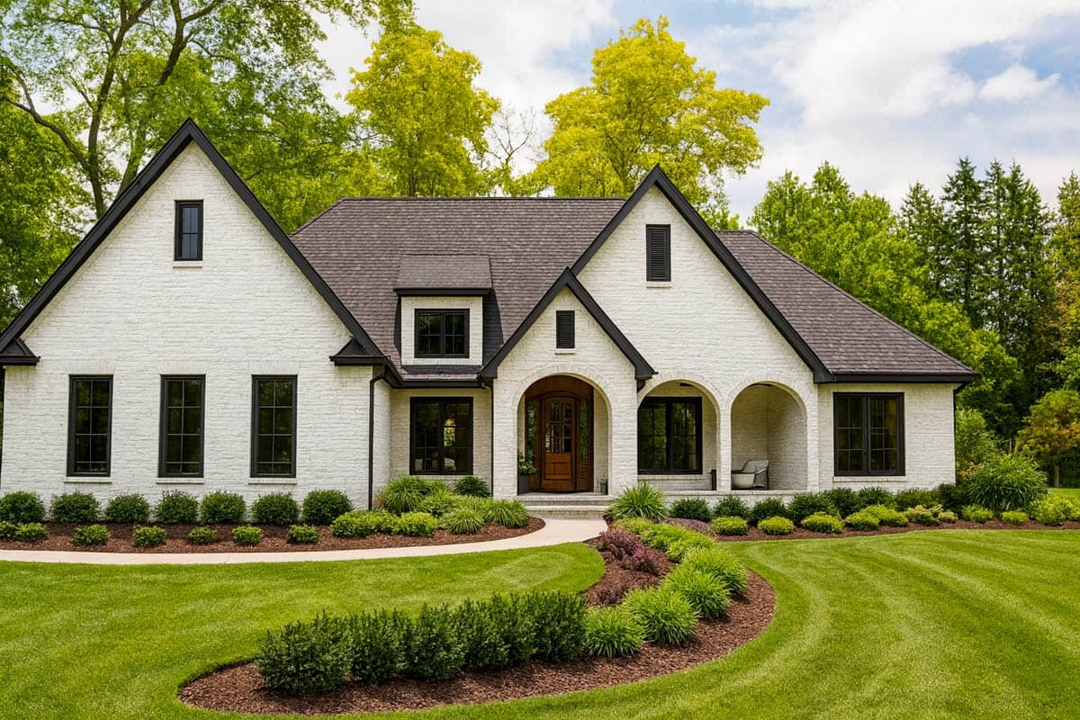 House plan exterior: White brick, two-story modern farmhouse with arched entryway, multiple gables, and black-trimmed windows.