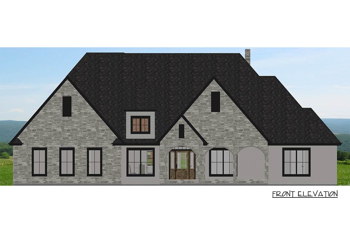 Front elevation of a two-story house plan with stone accents, a dormer, arched openings, and a steeply pitched roof.
