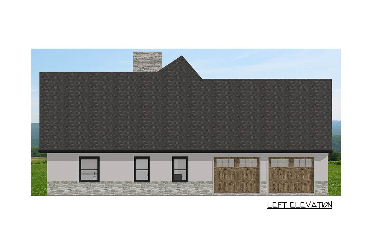 Left elevation house plan with stone base, three windows, and two garage doors under a gabled roof with chimney.