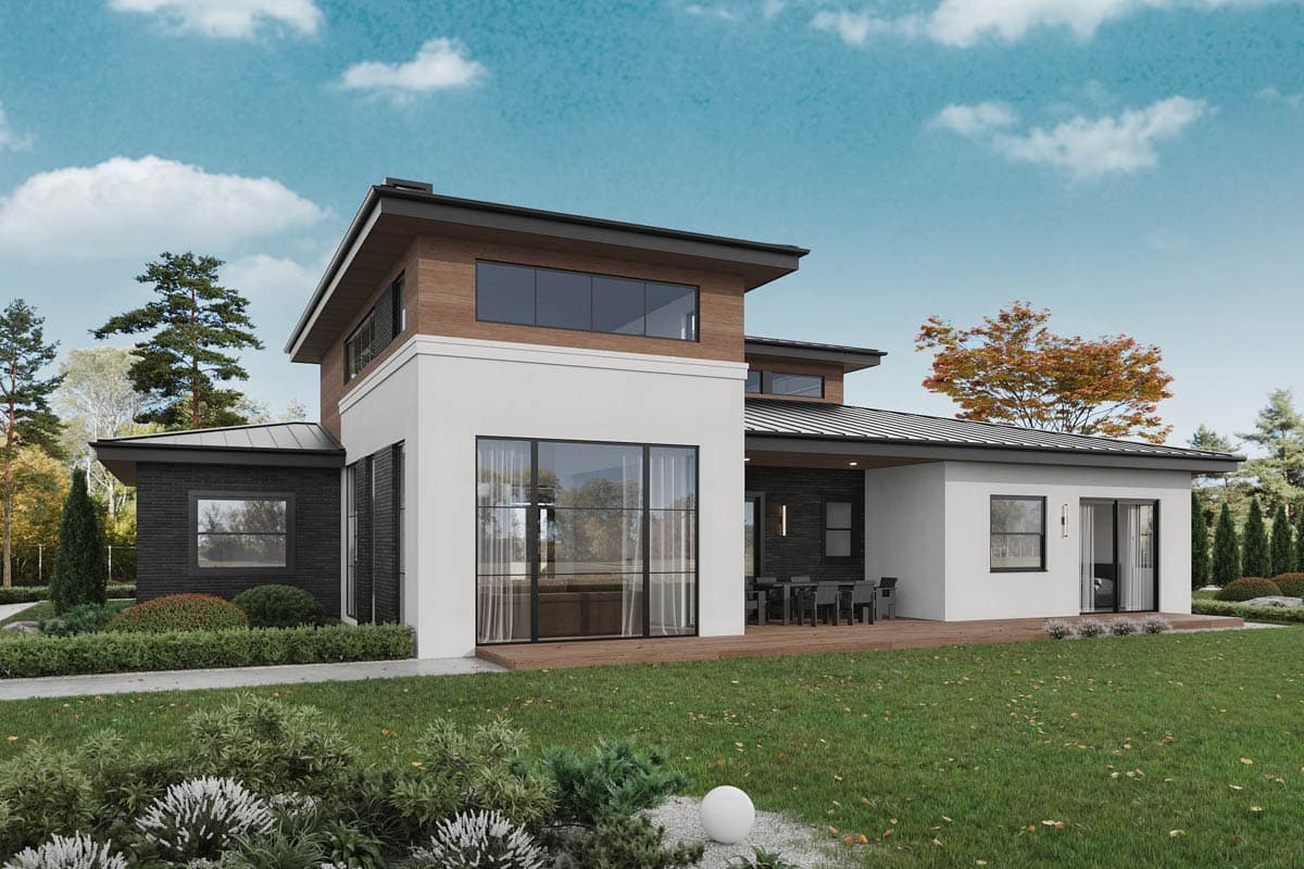 Modern house plan exterior with two stories, white stucco, dark brick, wood accents, flat roof, and large windows.