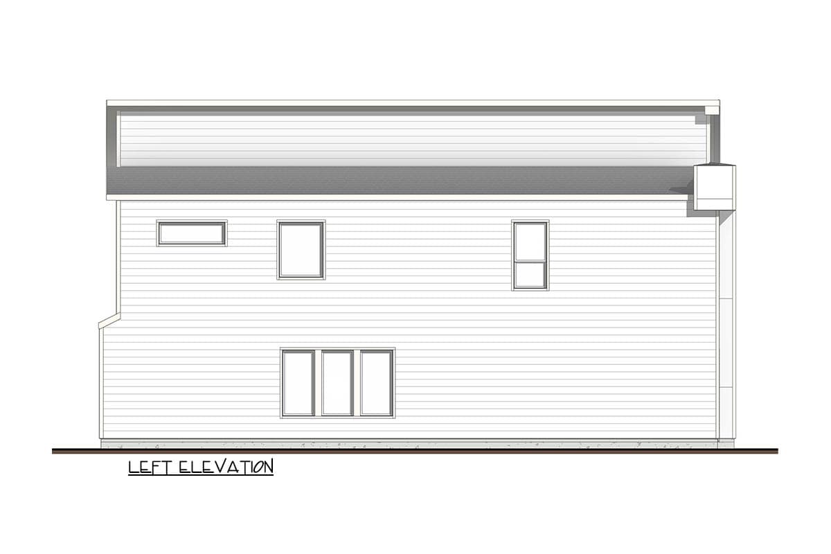 Left elevation drawing of a two-story house plan featuring horizontal siding and varied window sizes.
