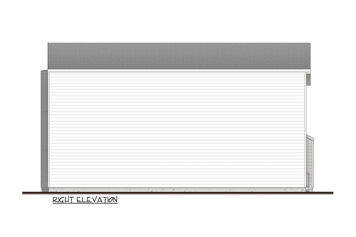 Right elevation of a house plan showing horizontal siding and a pitched roofline.