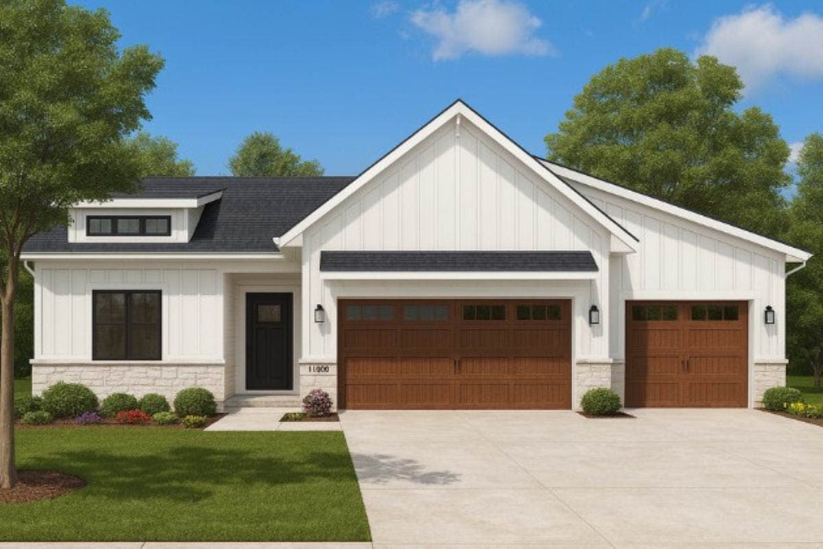 House plan exterior. Modern Farmhouse style with two stories, board-and-batten siding, a gable roof, and a two-car garage.