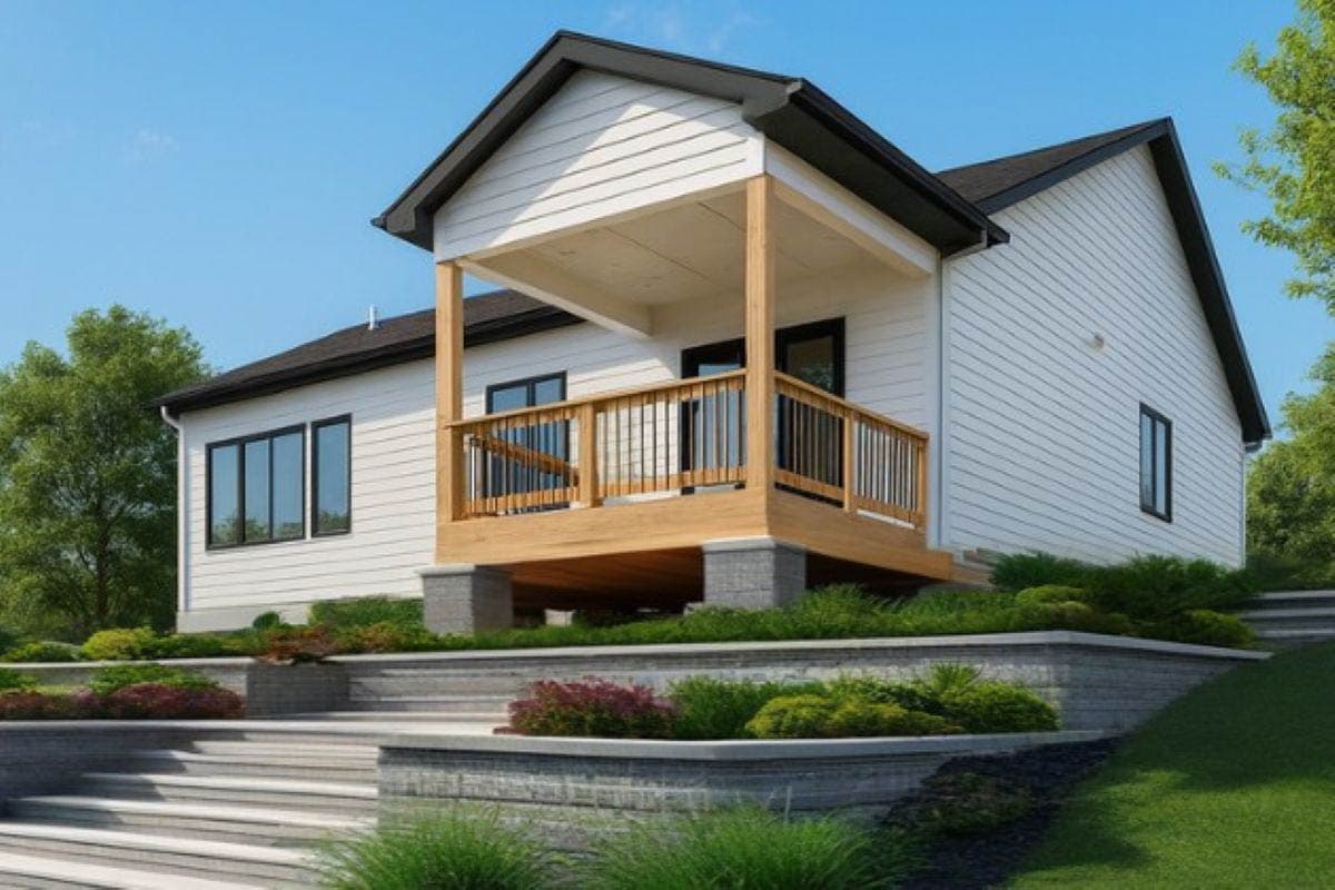 Modern Farmhouse house plan exterior with a covered porch, gables, and horizontal siding.