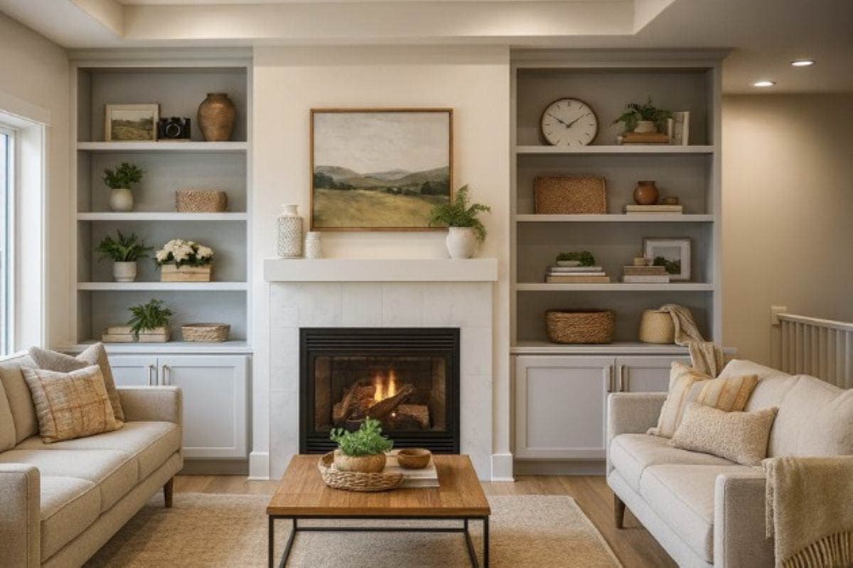 Living room interior with fireplace, built-in bookshelves, sofas, coffee table, and landscape artwork.