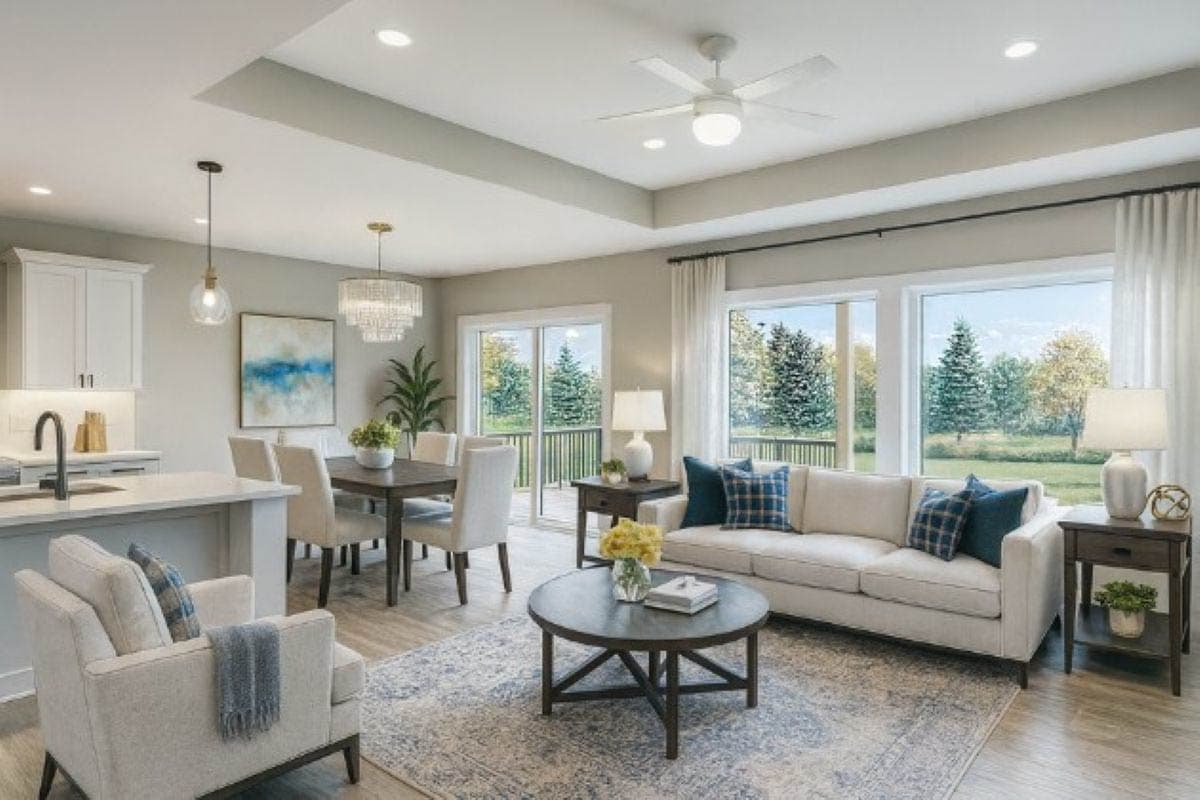 Open concept living and dining area with large windows, a sofa, dining table, and kitchen island.
