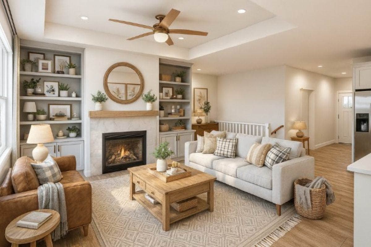Interior view of a living room with a fireplace, built-in bookshelves, a ceiling fan, and a seating area.