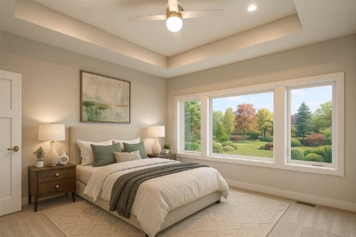 Primary bedroom with tray ceiling, ceiling fan, and large panoramic windows overlooking a landscaped yard.