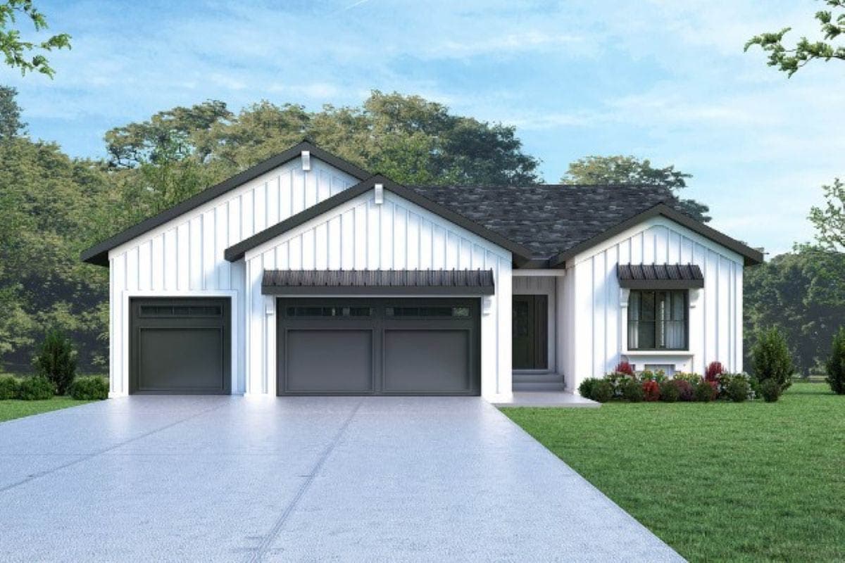Modern Farmhouse house plan exterior with two-car garage, board-and-batten siding, and gabled rooflines.