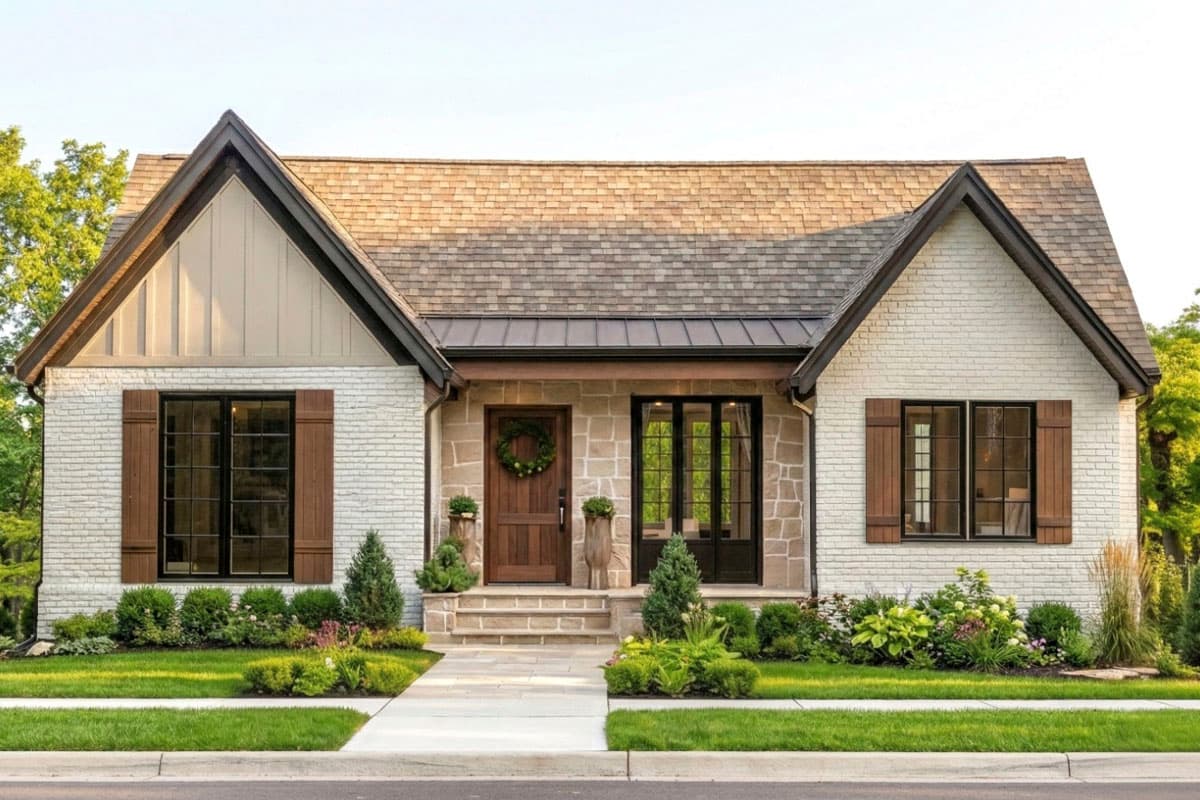 A charming, single-story home with a stone and brick facade. It features wooden shutters, a welcoming front door, and a beautifully landscaped pathway.