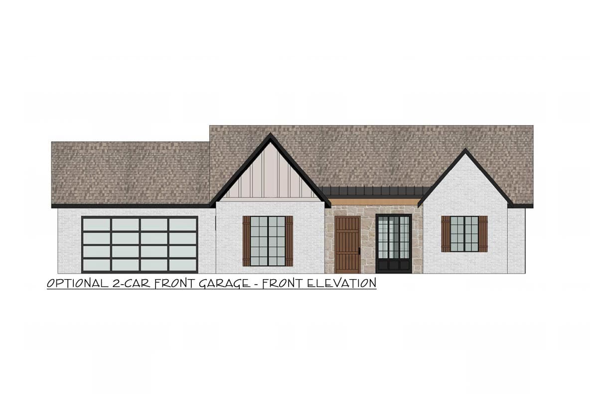 Architectural rendering of a modern house, front elevation. The design includes a two-car garage, stone facade, and a gabled roof.