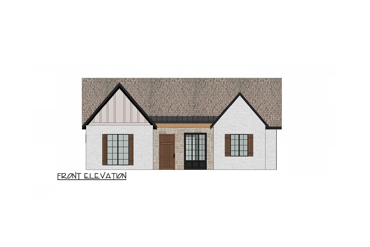 Front elevation rendering of a house, featuring a mix of brick and stone facade, wooden shutters, and a decorative front door under a gabled roof.