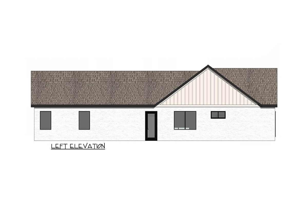 Architectural rendering of a house's left elevation. The white brick facade features a gabled roof and several windows and a door.