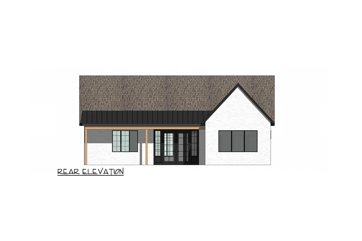 Rear elevation of a modern home with white brick siding, a dark roof, black-framed windows and a double door entrance.