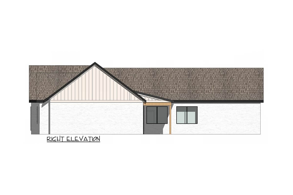 Architectural rendering of a modern home's right elevation, featuring a gabled roof and a combination of white brick and wood elements.