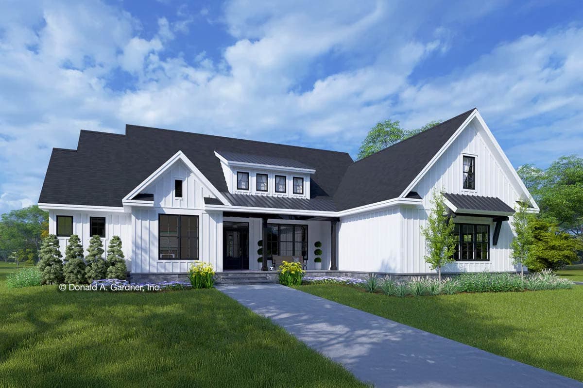House plan exterior. Modern Farmhouse style with gabled roof, dormers, and front porch. Two stories are visible, with dark roof and white siding.