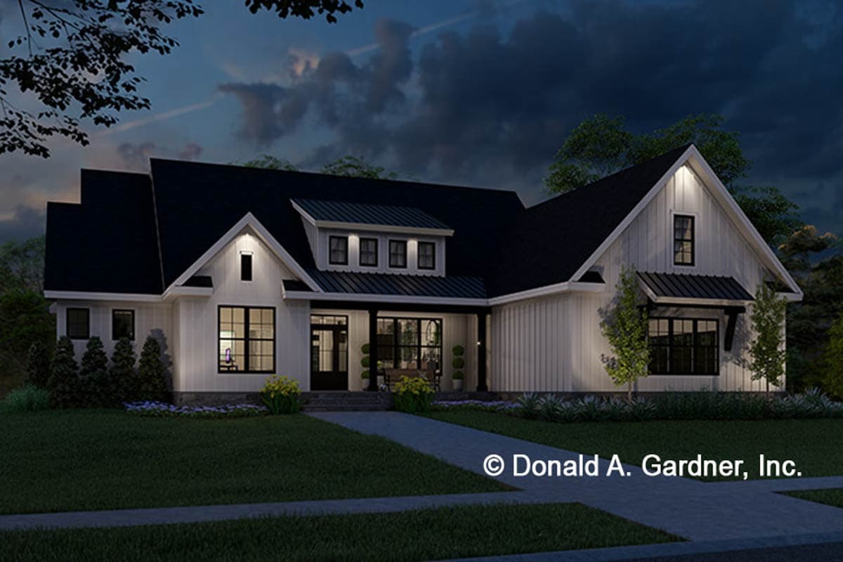 Modern Farmhouse house plan exterior with a covered front porch, prominent gables, and dormer windows.