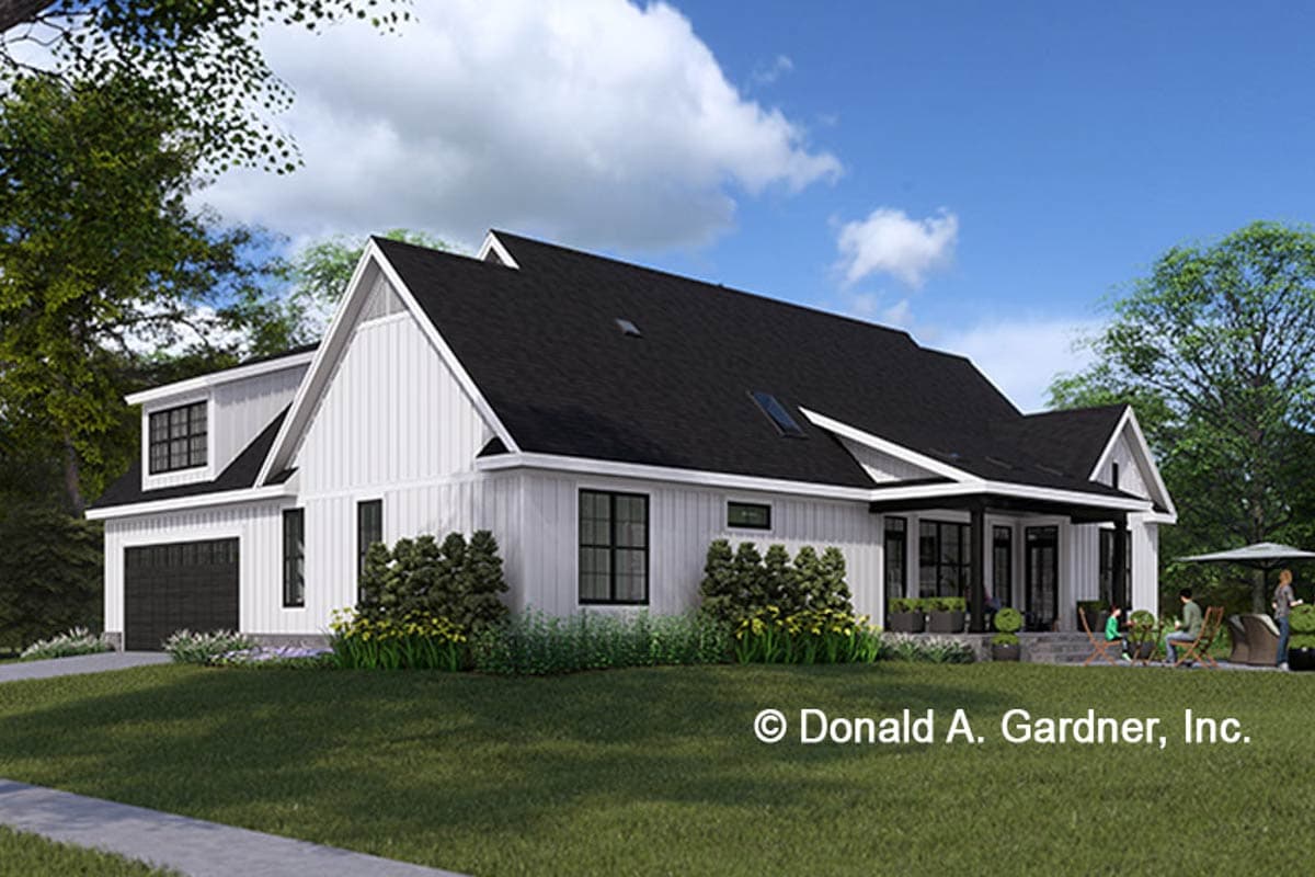 Modern Farmhouse style house plan exterior with white vertical siding, gables, dormers, and attached garage.