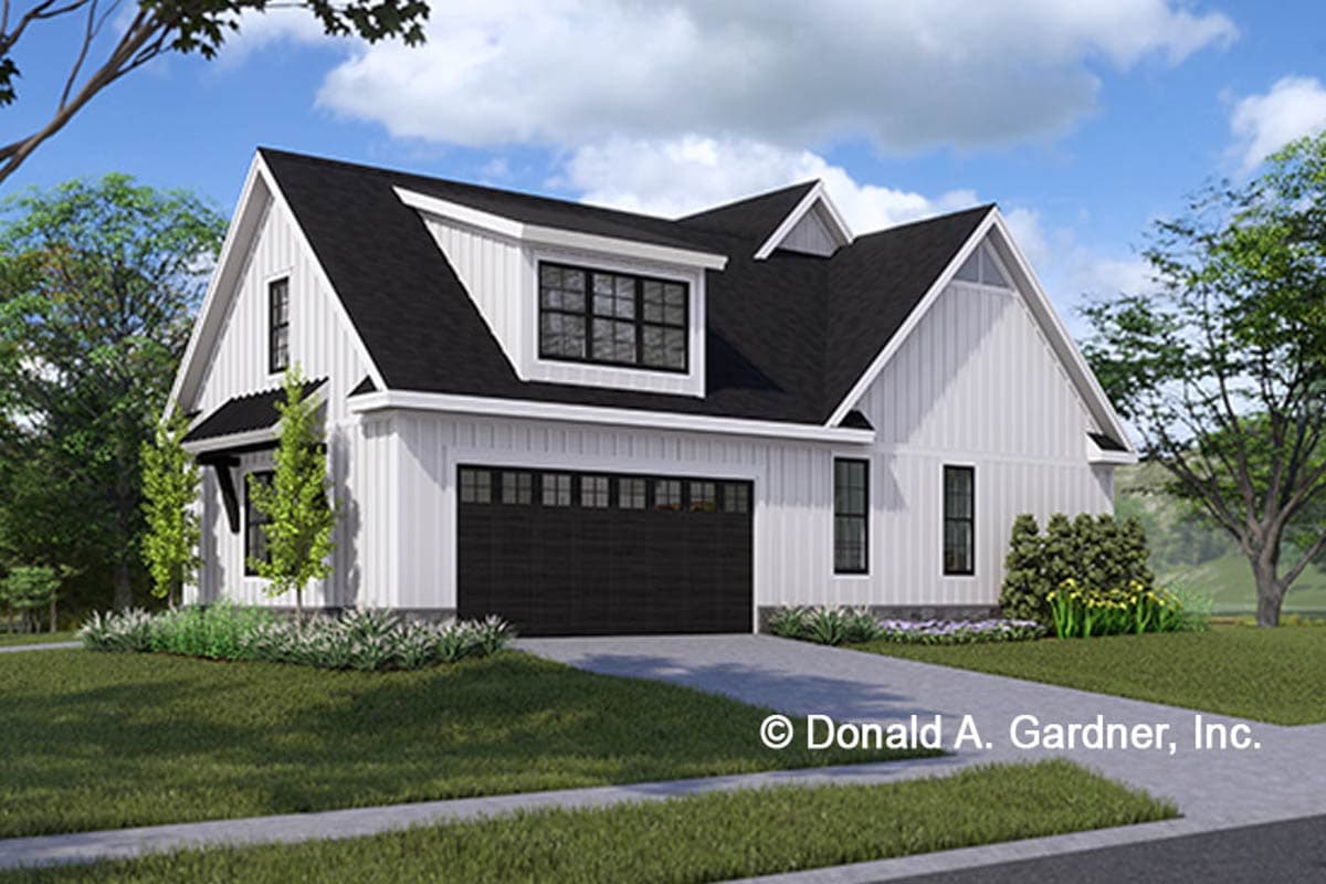 Modern farmhouse house plan exterior with vertical siding, a prominent gable, a dormer, and a two-car garage.