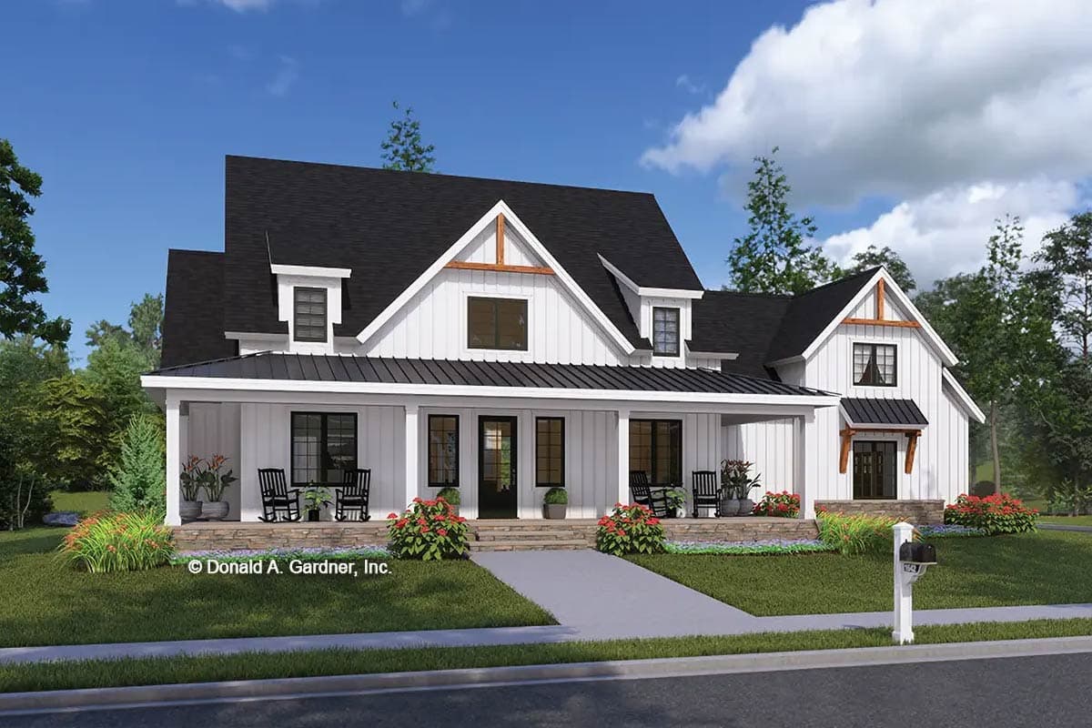 House plan exterior. Two-story Modern Farmhouse with a covered porch, gables, and dormers. Features dark roof and vertical siding.