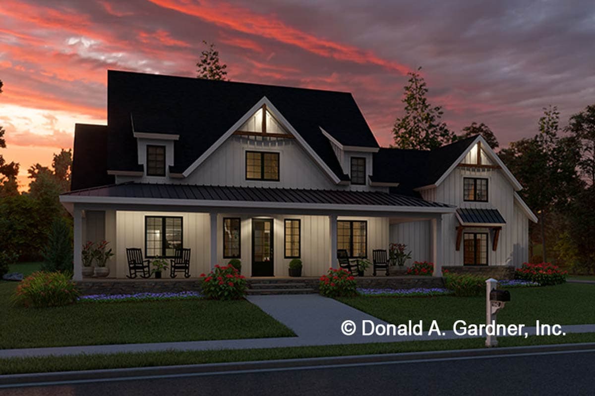 Modern Farmhouse house plan exterior with wrap-around porch, gables, and board-and-batten siding.