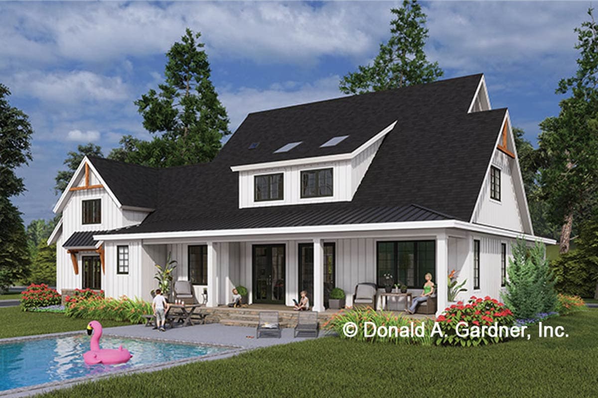 Modern Farmhouse style house plan exterior, 1.5 stories, with gables, dormers, and a wraparound porch.