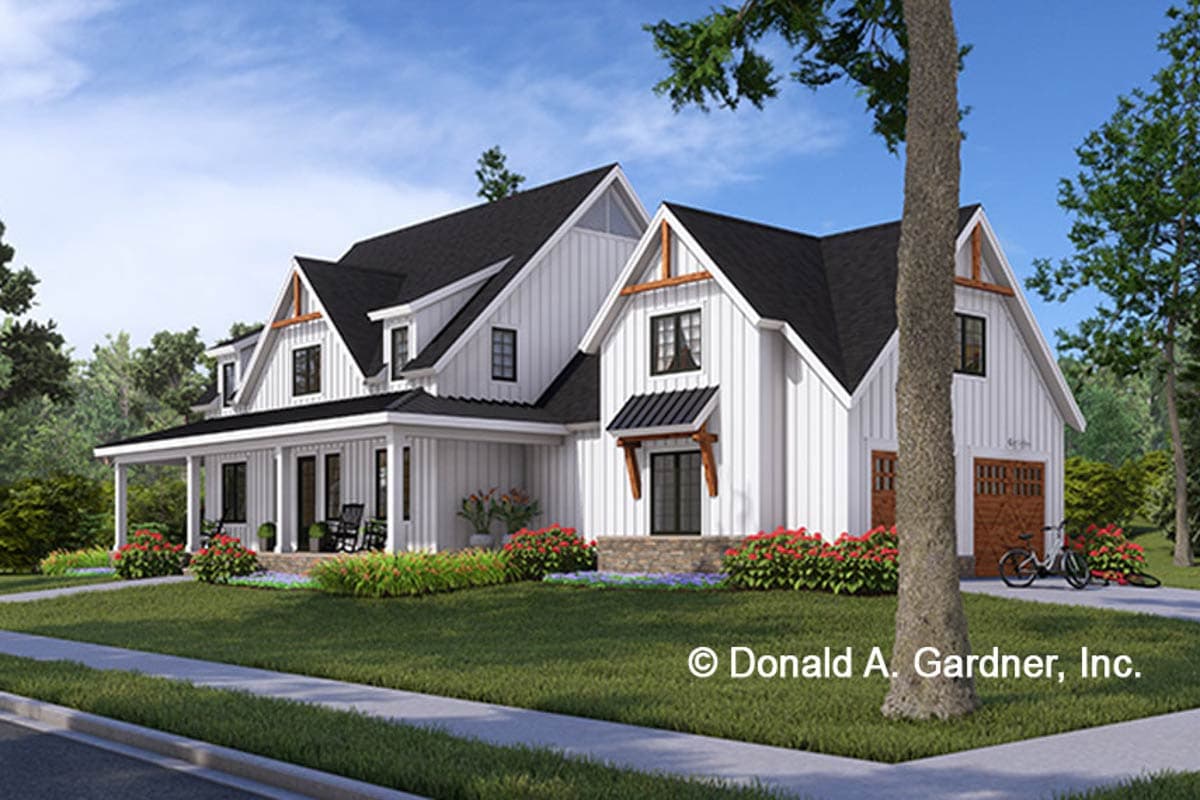 Modern Farmhouse style house plan exterior with wrap-around porch, multiple gables, and a side-entry garage.