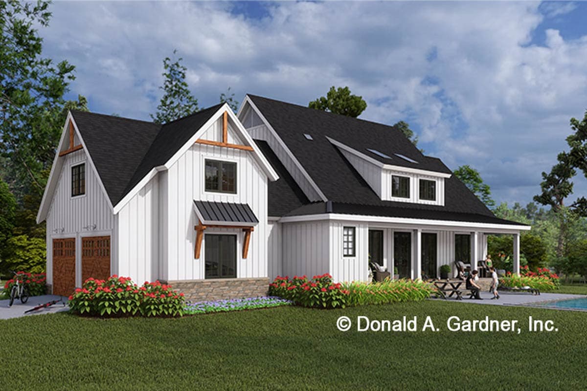 Modern Farmhouse house plan exterior with board and batten siding, gables, dormers, and a wrap-around porch.