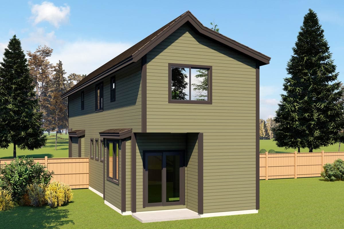 House plan exterior view of a two-story home with hip roof, horizontal siding, and multiple windows. Features a partial enclosed entrance.