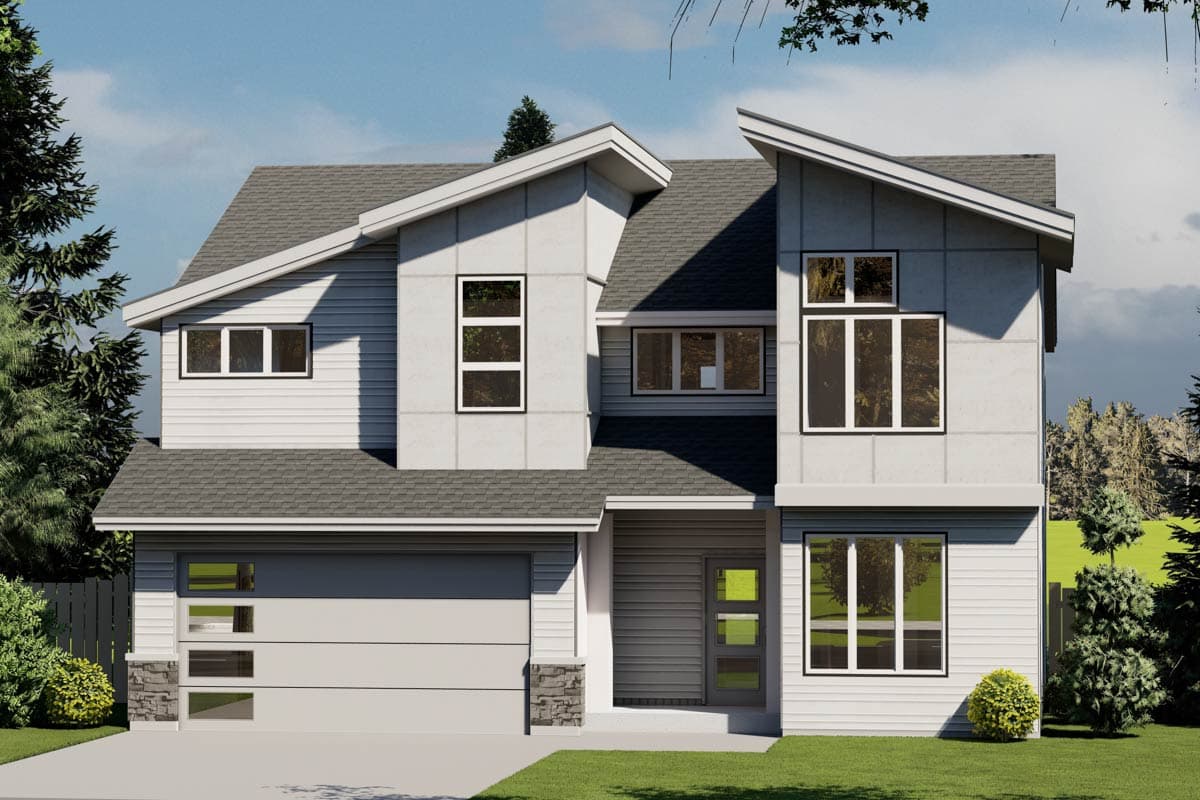 House plan exterior. Two-story modern style with asymmetrical rooflines, flat panel siding, and a garage. Features large windows and entry portico.